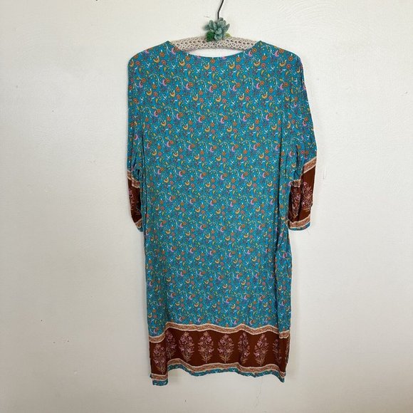 Halite Womens Teal Green & Brown Floral Boho Rayon Tunic Top Shirt Blouse XL - Picture 6 of 7